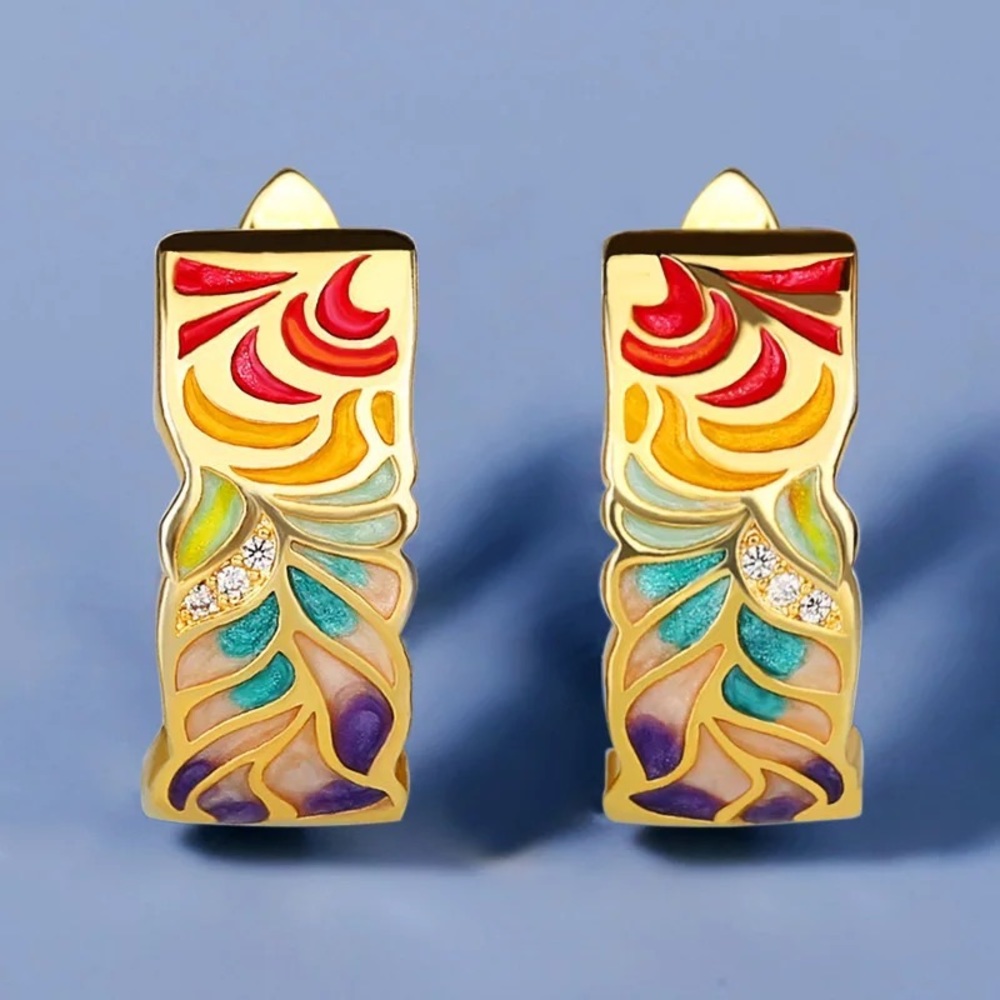Cat Anthro DOPAMINE Gold Over Silver Enamel Boho Ornament Wide Earrings Jewelry - Picture 15 of 16